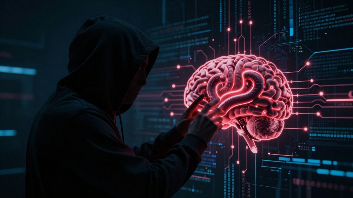 AI brain and hacker in dark digital network