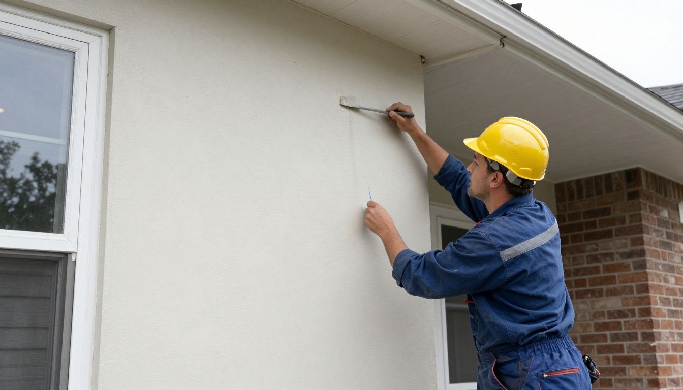 A professional contractor carefully applying a smooth stucco finish to a residential exterior wall in the Chicago suburbs.