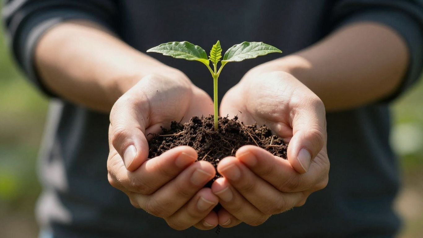 Hands nurturing a small, growing plant.
