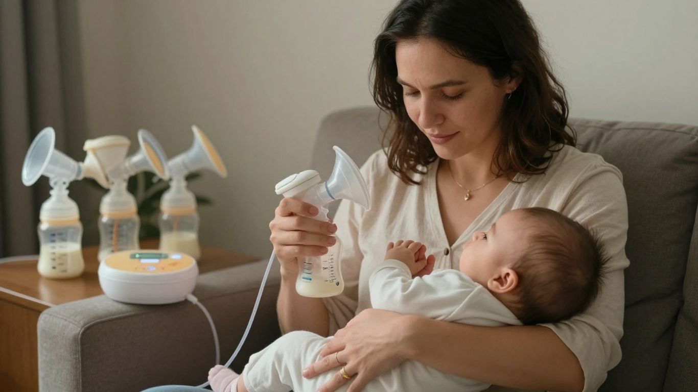 Madre usando un sacaleches con su bebé.