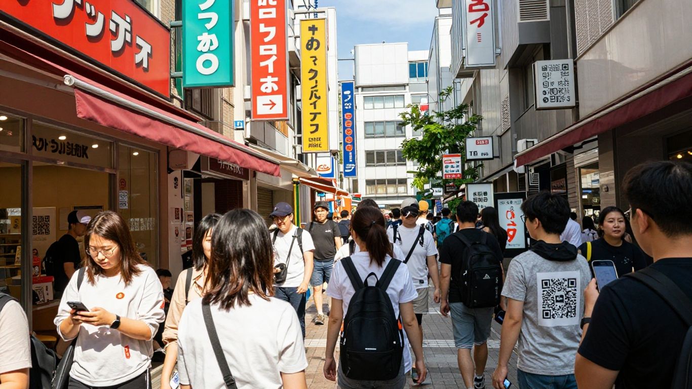 Shoppers using smartphones with QR codes in a Japanese shopping street.