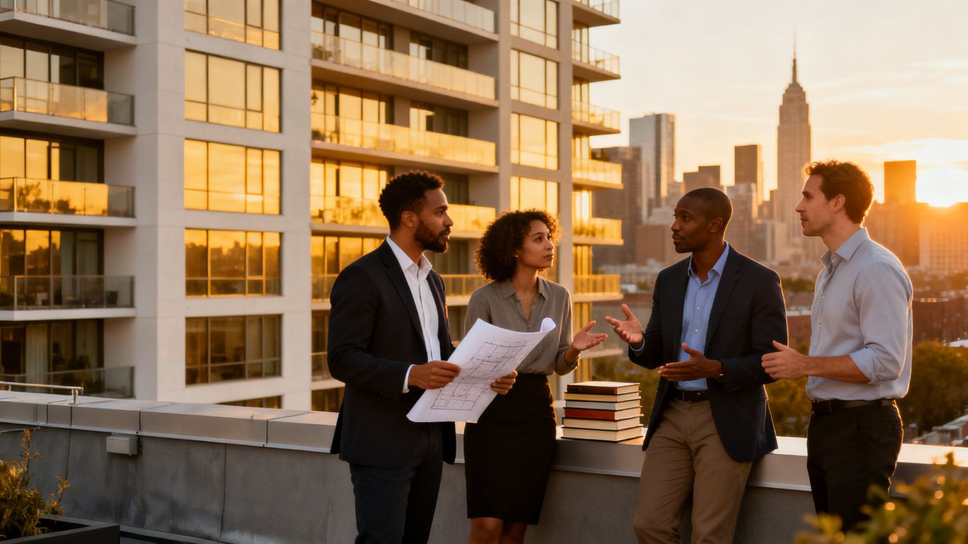 Investors discussing apartment buildings and investment books.