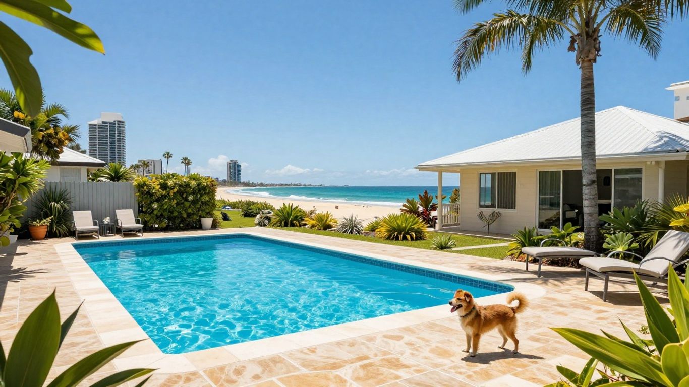 Broadbeach holiday rental with pool and dog.