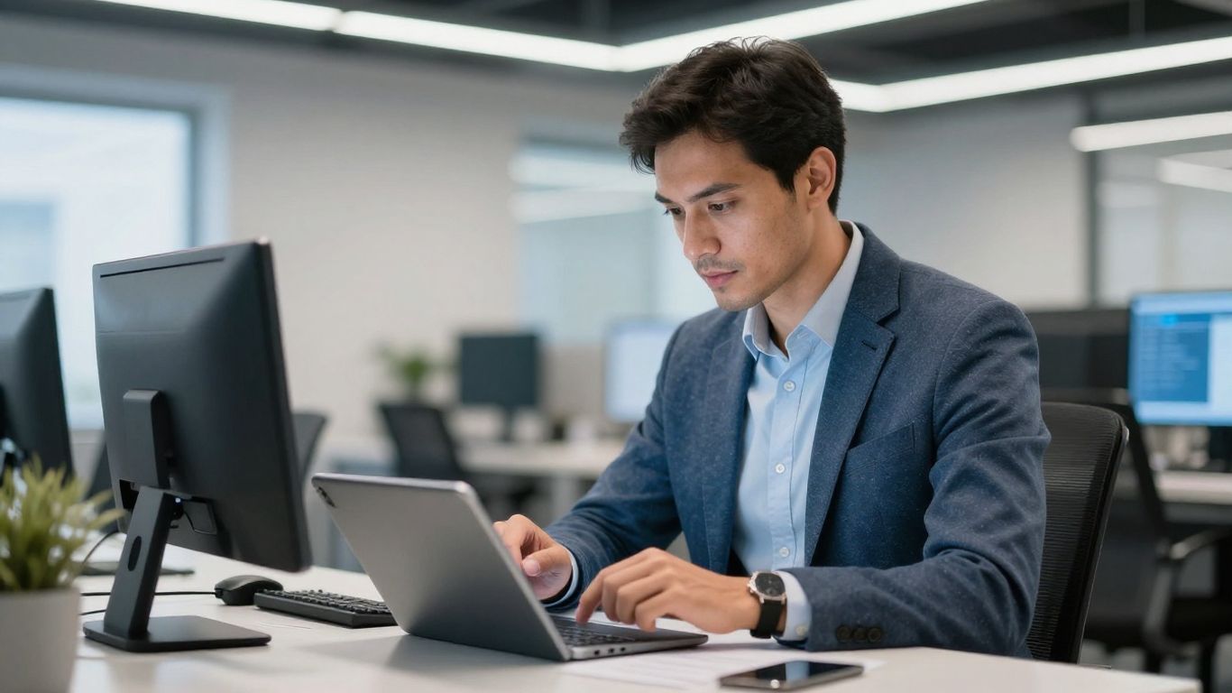 Mann im Büro mit Tablet und blauen Akzenten