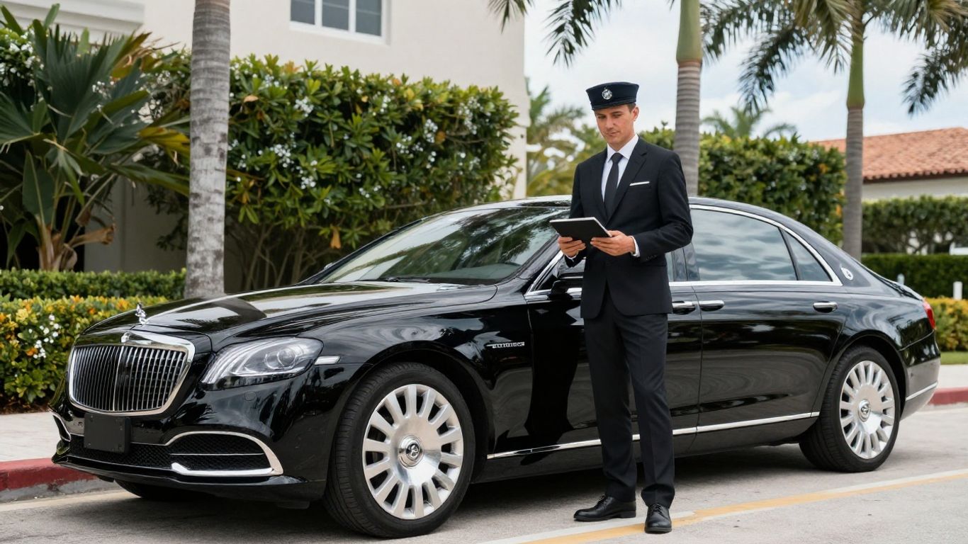 A professional chauffeur waits by a luxury vehicle