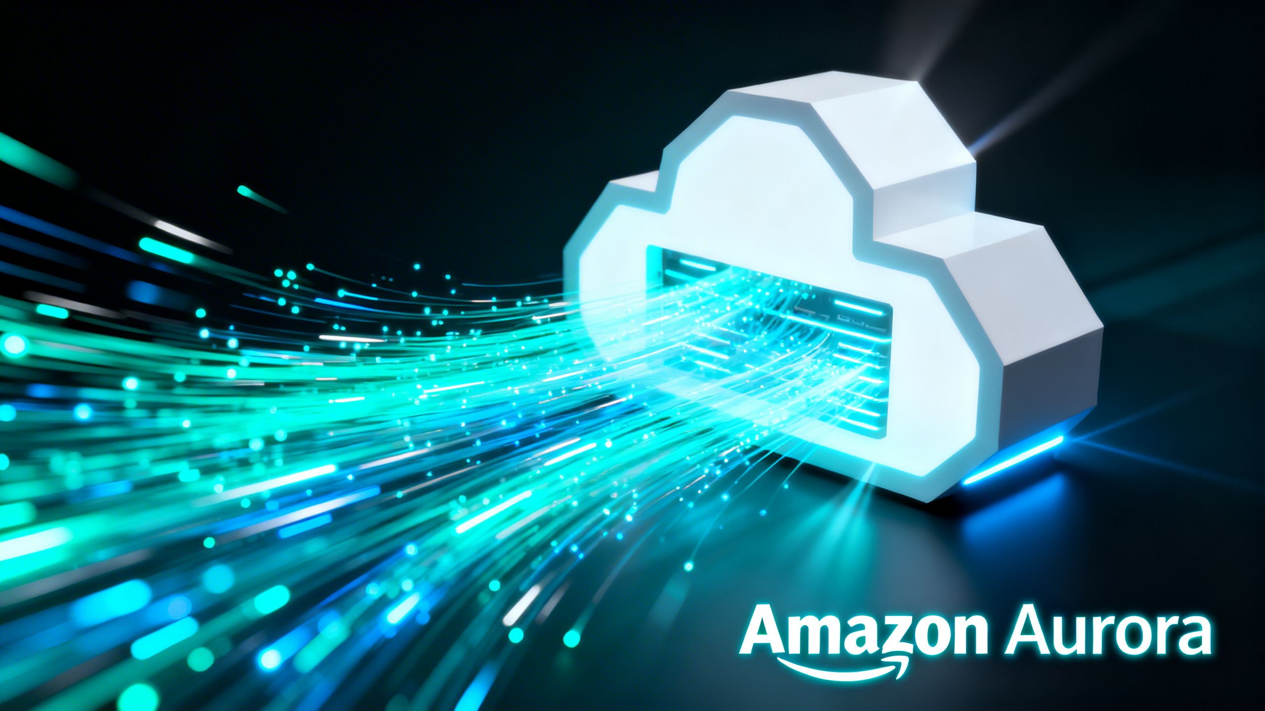 An abstract visualization of data flowing rapidly through a futuristic, cloud-based database, representing the speed and efficiency of Amazon Aurora for eCommerce