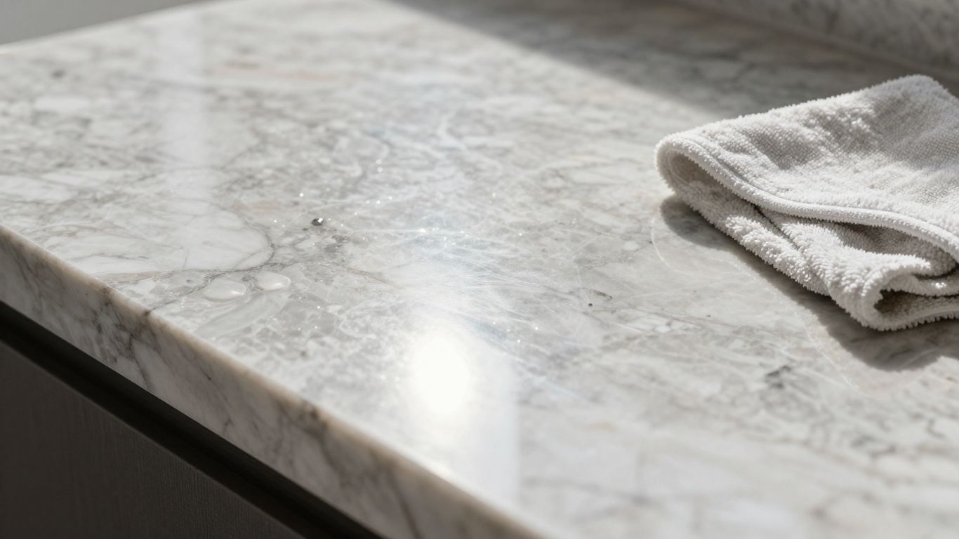 Polished quartzite countertop with natural veining.