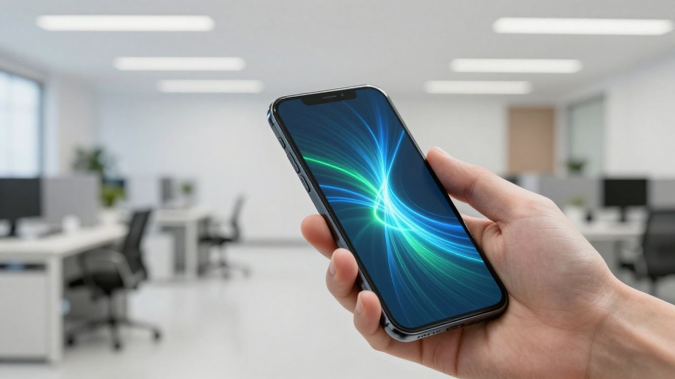 Abstract blue and green flowing lights on a phone screen.