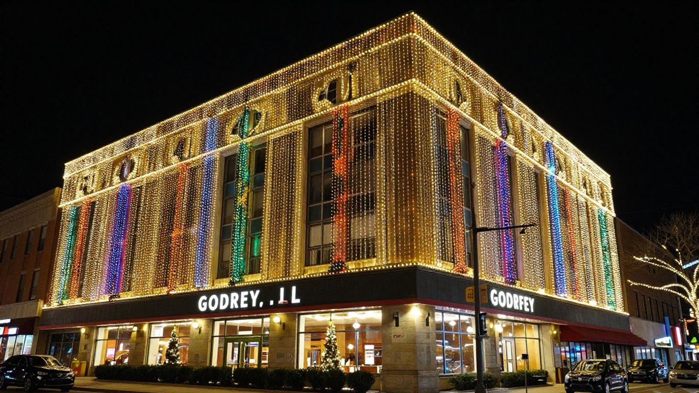 Godfrey business decorated with bright Christmas lights.