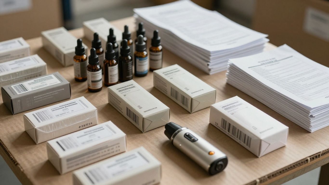 Customs paperwork beside packaged vape products