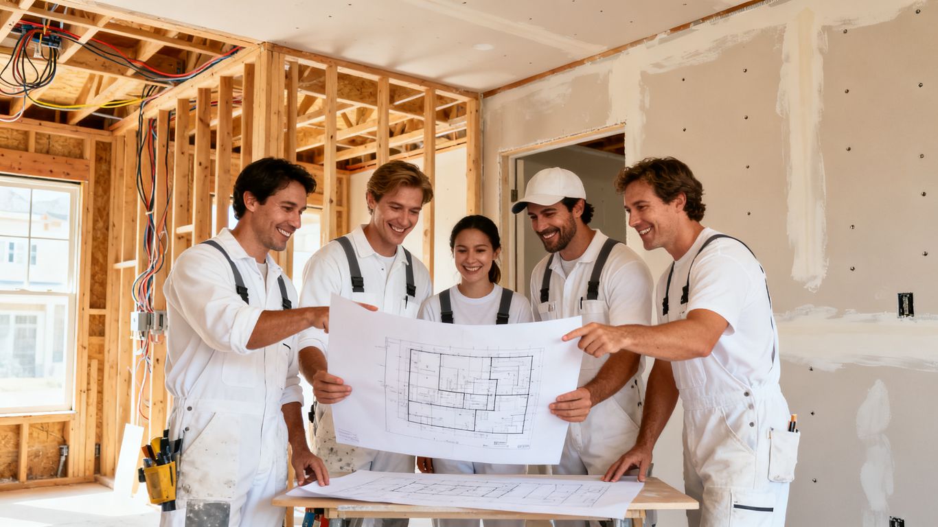 Professional painting team on a new residential construction site