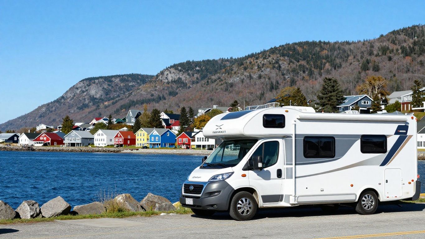 RV parked by Halifax waterfront with ocean and mountains.