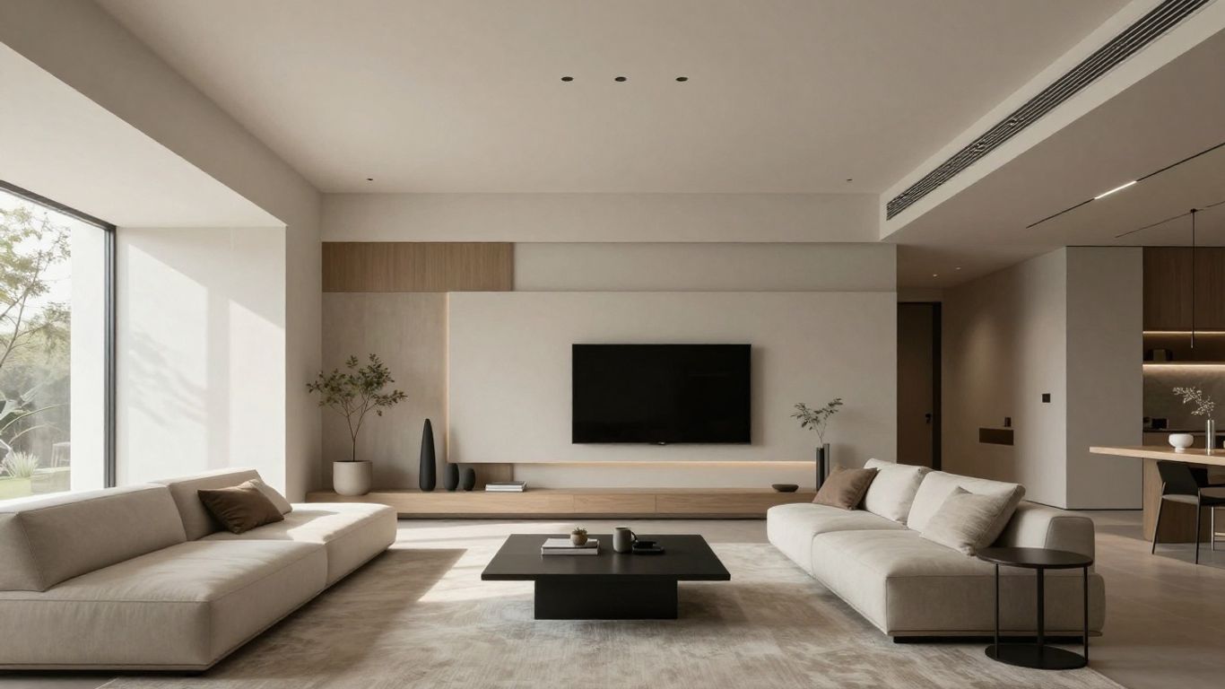 Moderne Architektur mit tiefblauen und neutralen Tönen.