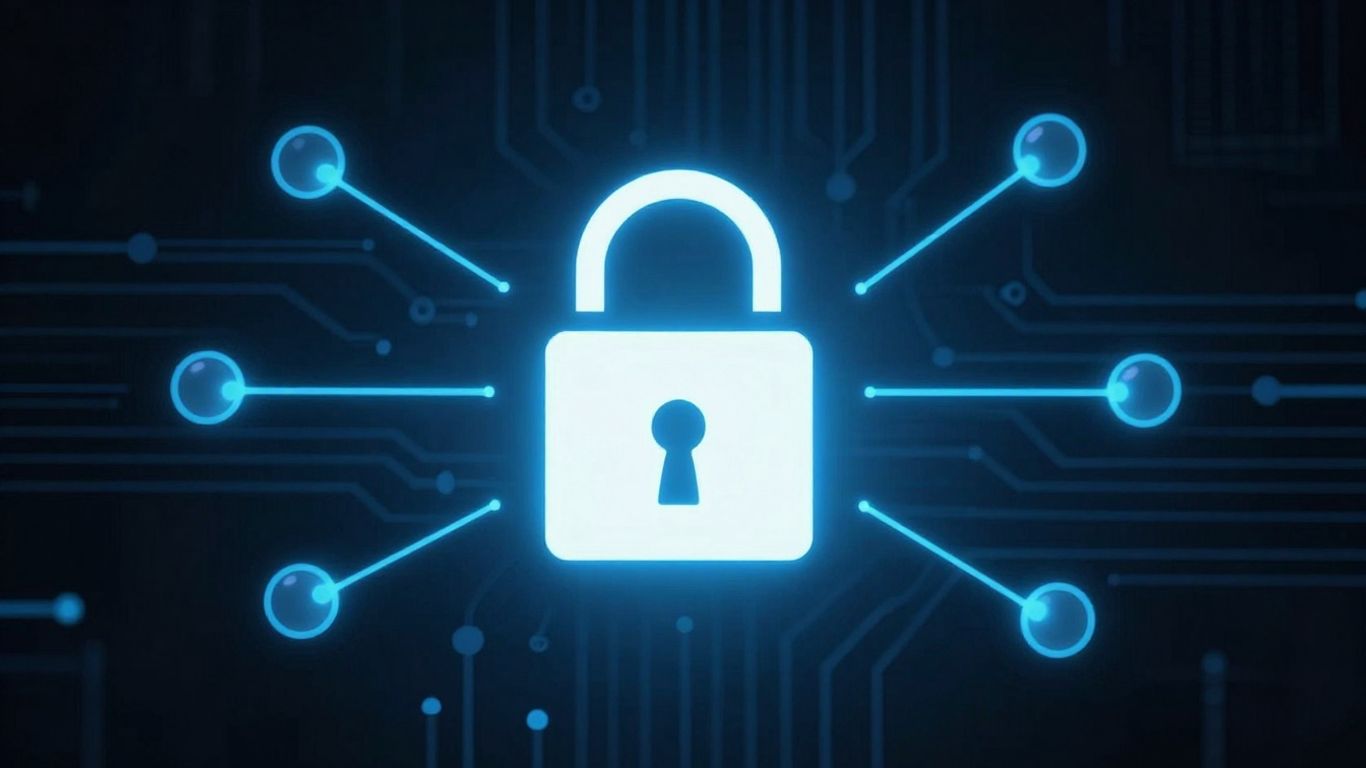 Digital firewall with padlock icon, glowing blue lines.