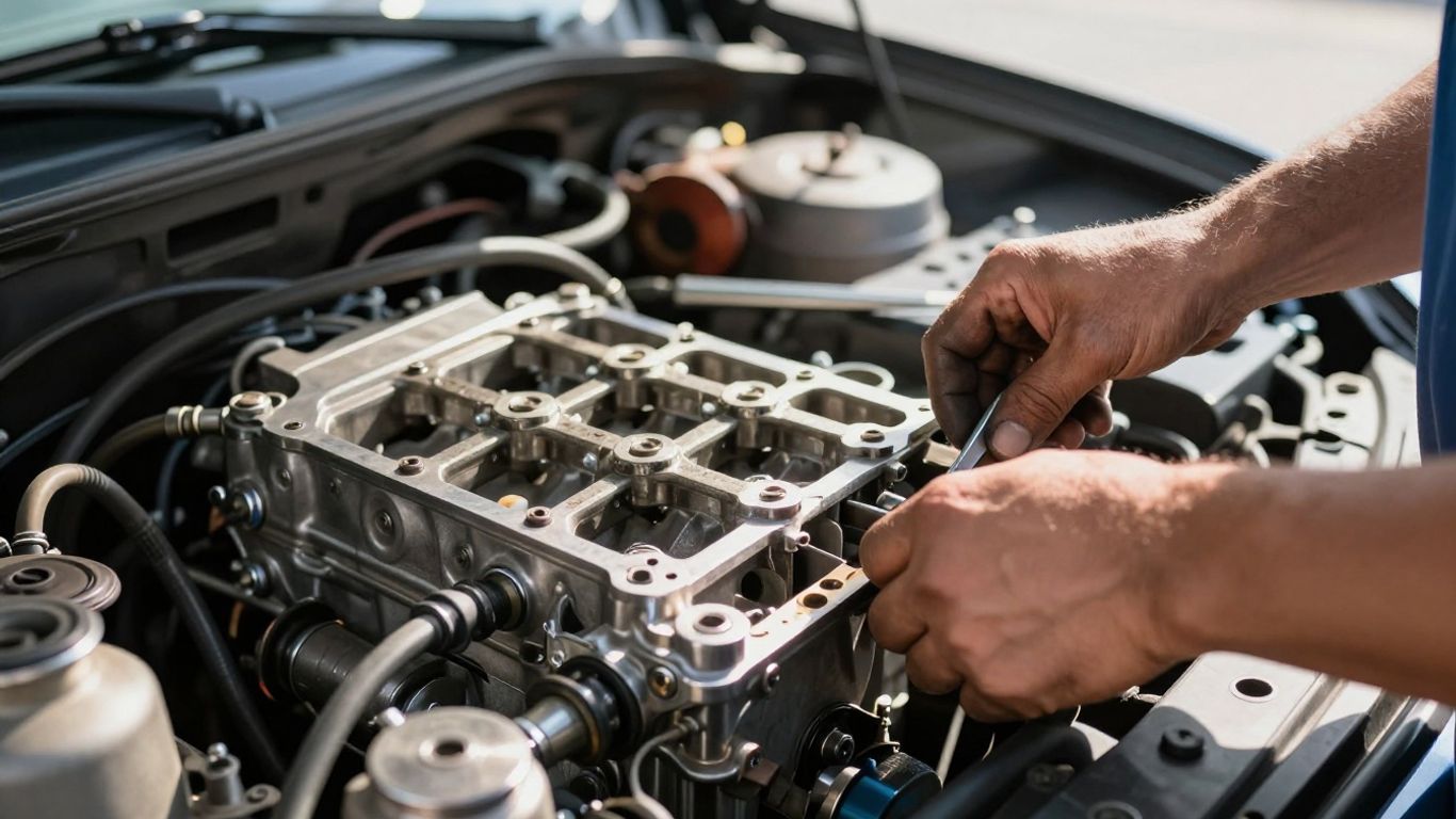 Mechanic working on a car engine with tools.