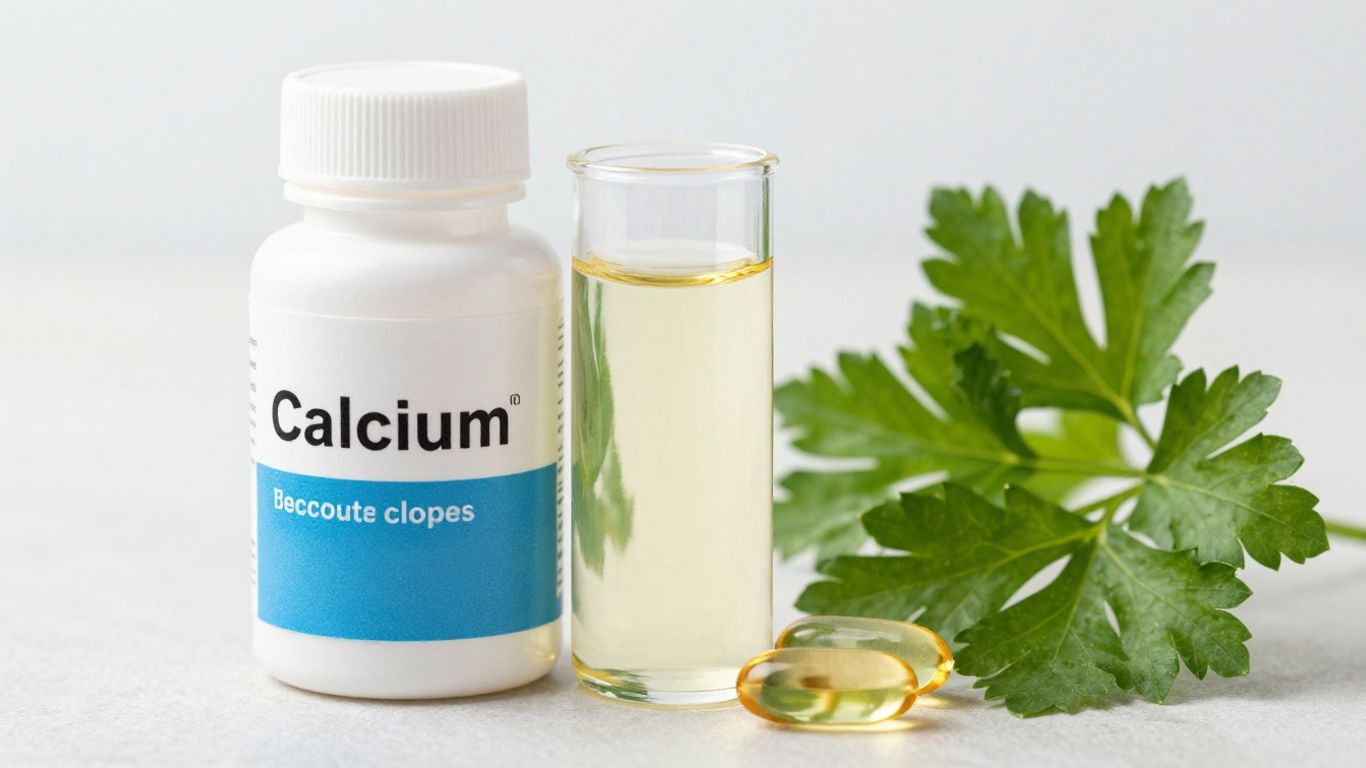 Liquid calcium supplement bottle with fish oil capsule and parsley.