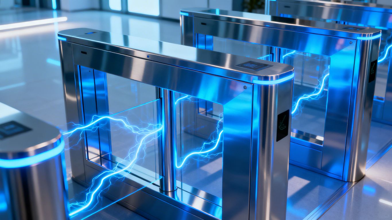 Futuristic security checkpoint with glowing blue energy flow.