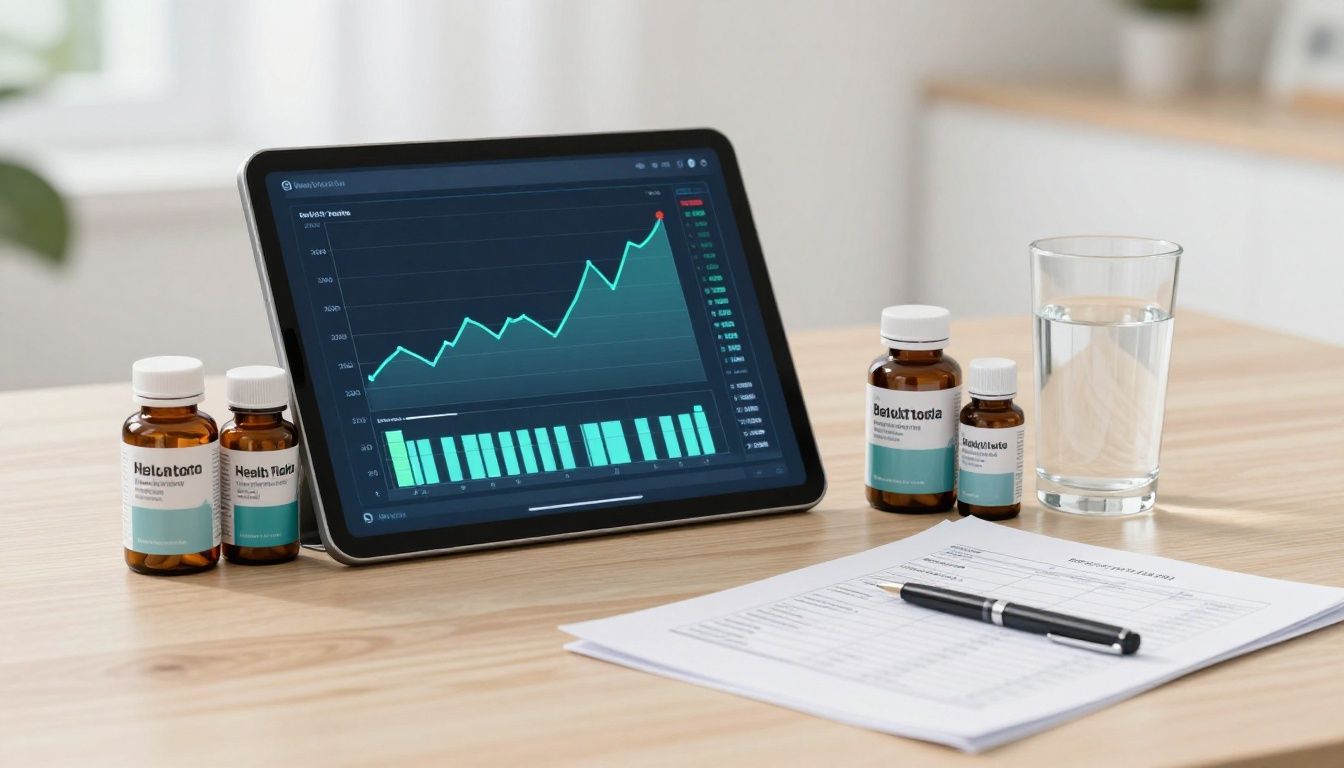 A clean, bright modern health-tech setting featuring a tablet displaying dynamic bio-marker trend charts next to structured supplement bottles, a glass of water, and clean lab result sheets under natural light.