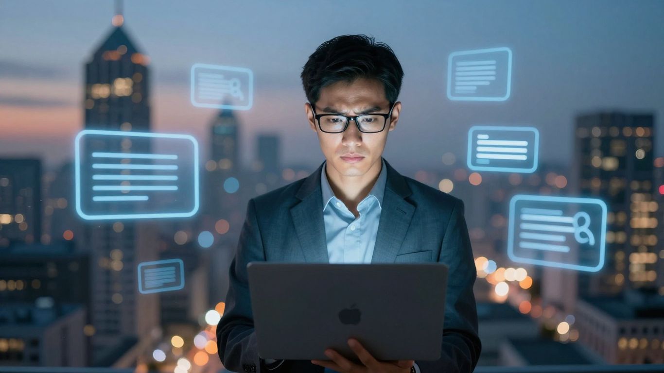 Small business owner navigating digital search icons.