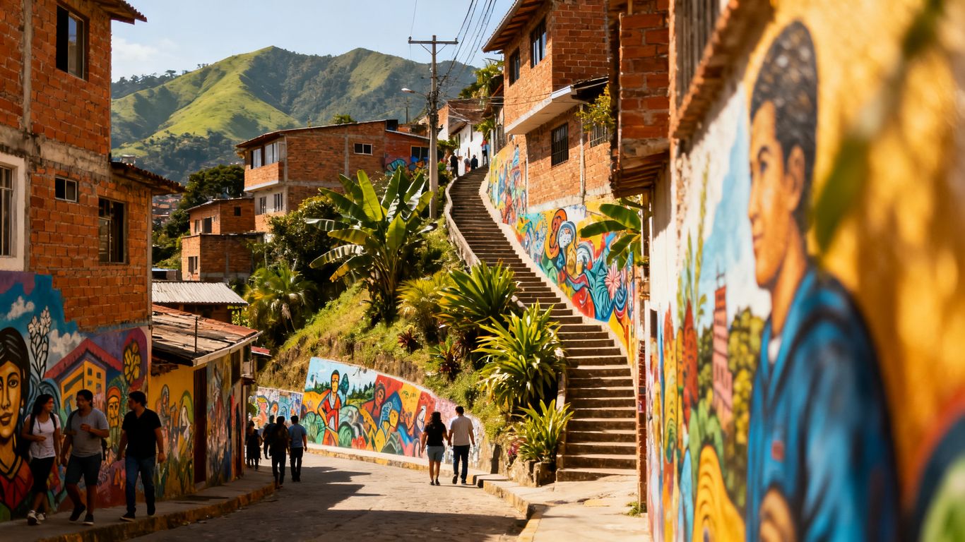 Colorful Medellín mural-lined hillside streets