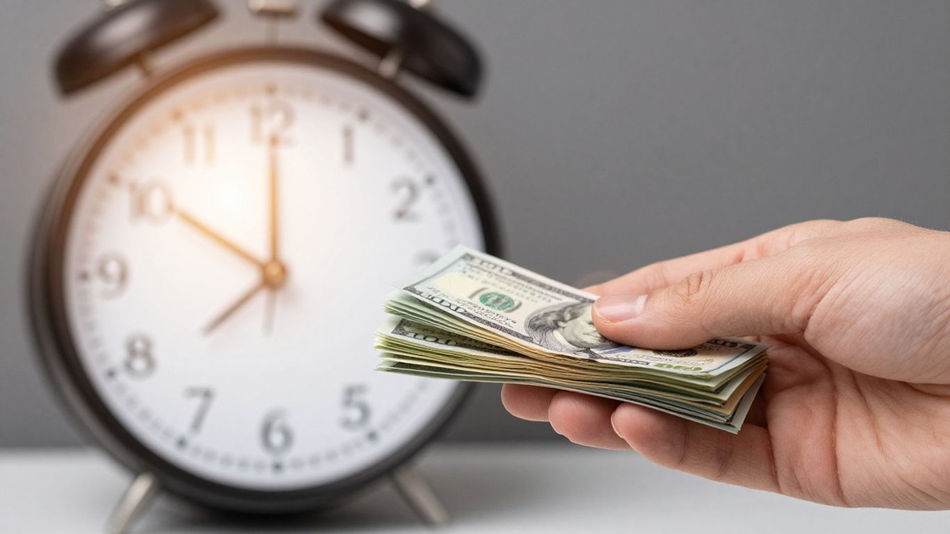 Hands holding cash with a clock in the background.