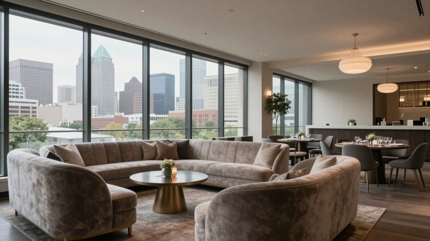 Elegant Dallas event venue interior with city skyline view.