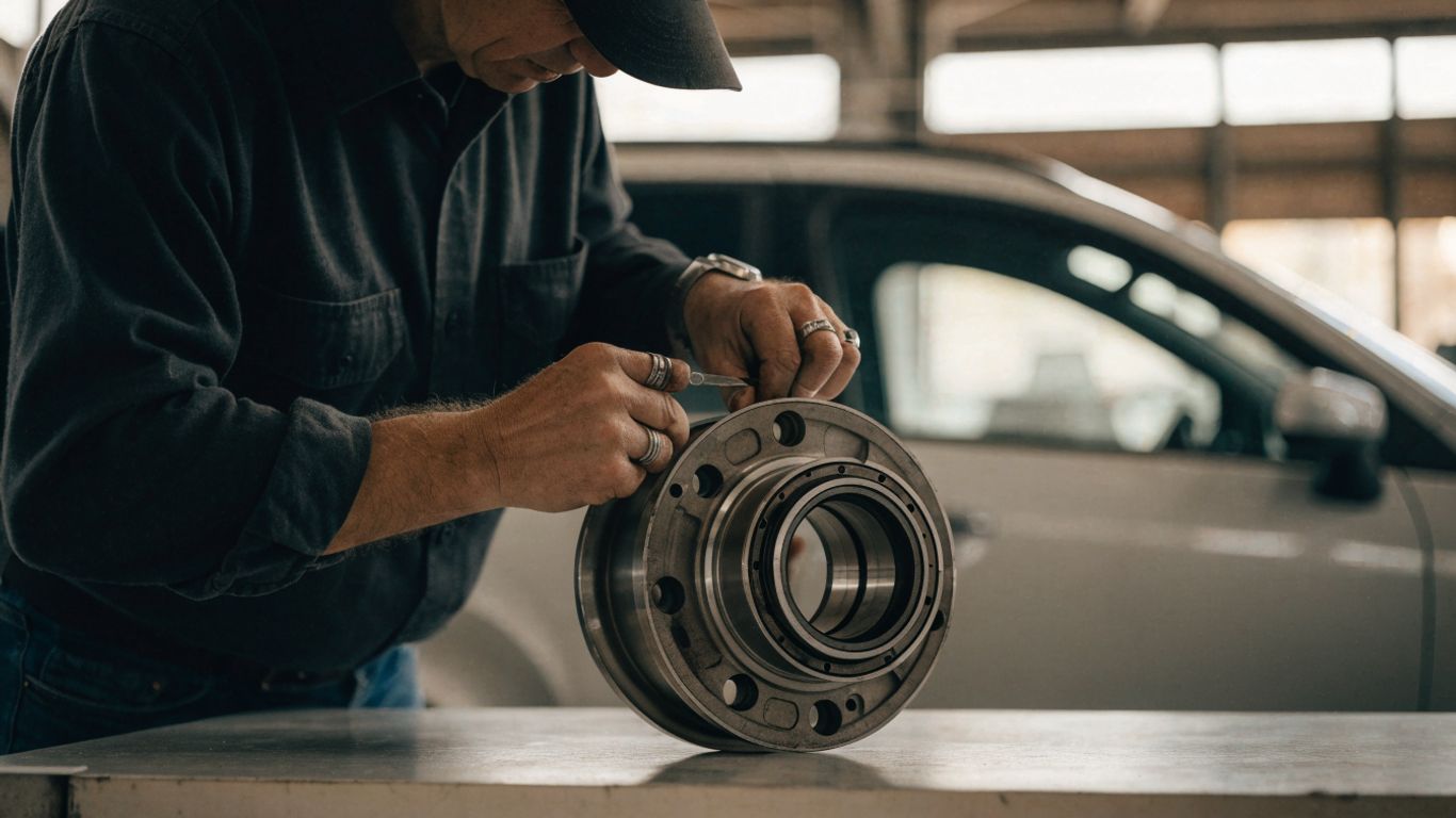Recycled wheel hub inspected beside a Chery vehicle
