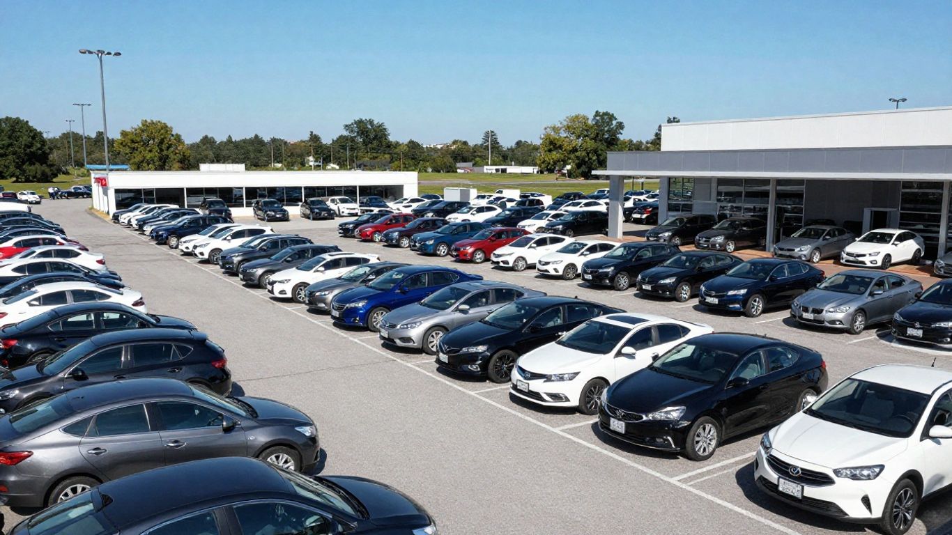 Ein moderner Autoplatz mit frisch polierten Lagerfahrzeugen