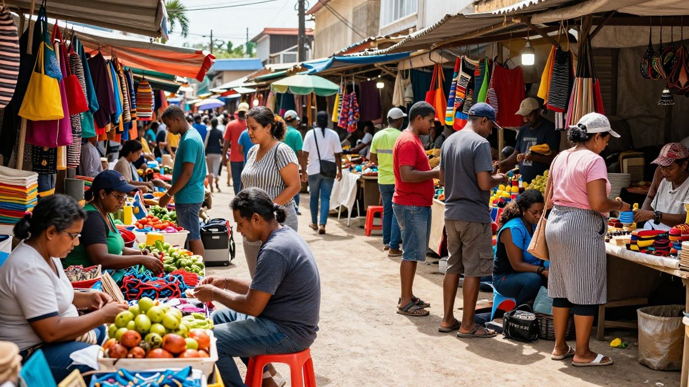 Comercio local vibrante y gente interactuando en un mercado.