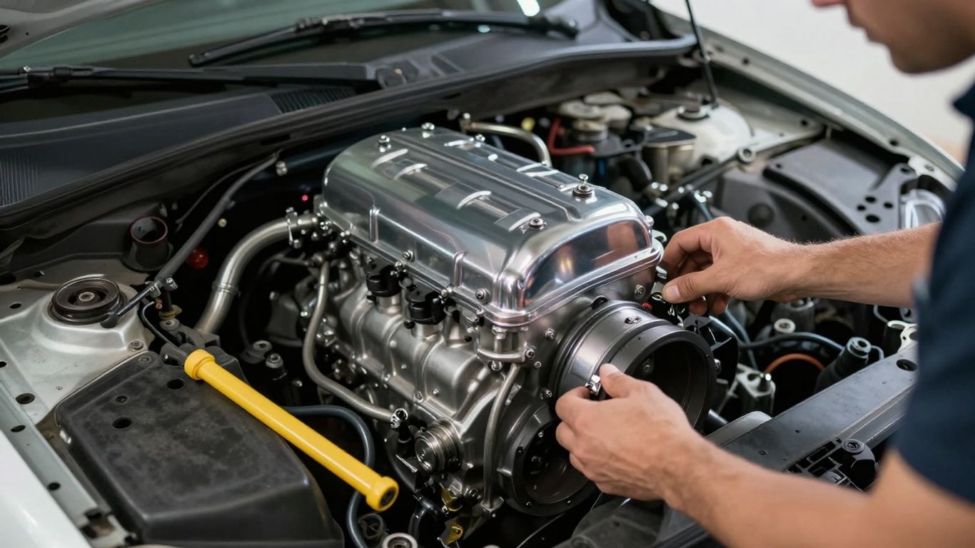 Mechanic installing a Chrysler engine in Epping, Victoria.