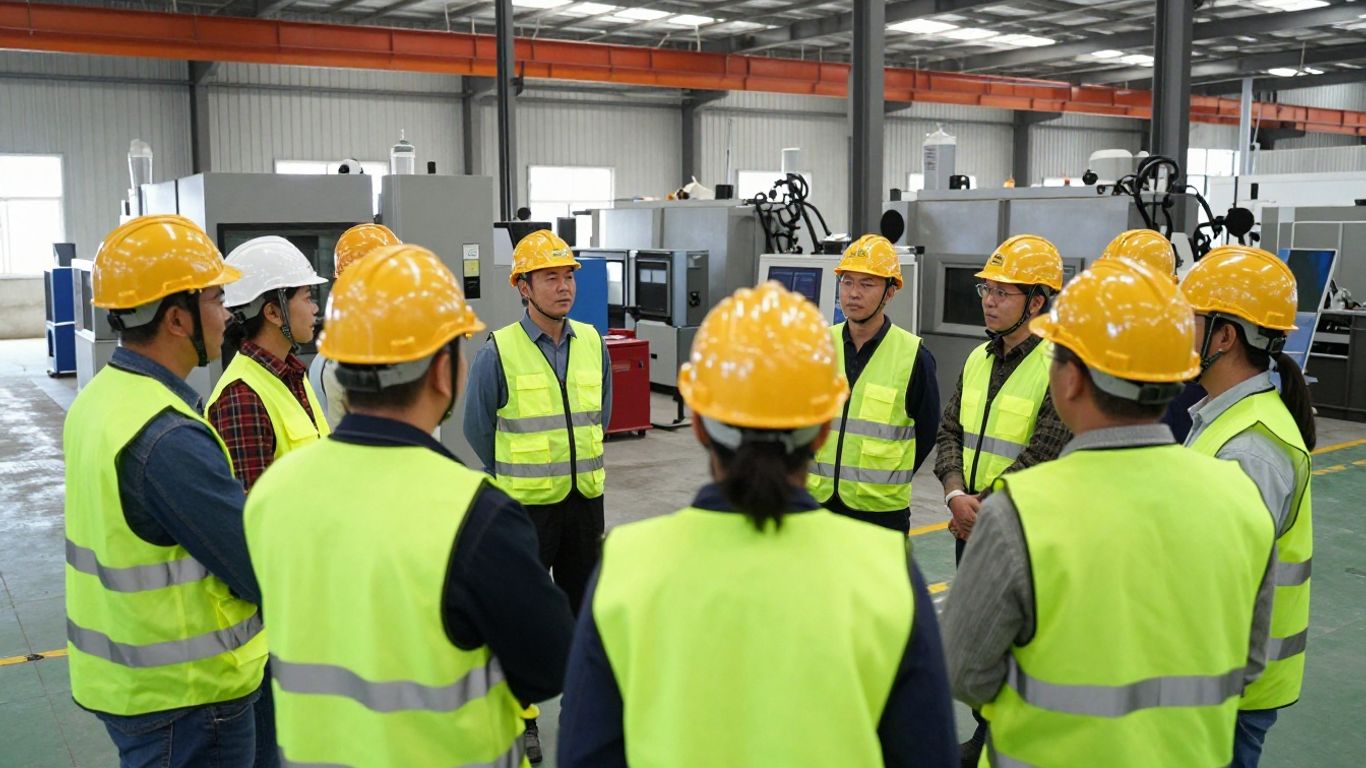 Factory workers in safety gear during safety training session.