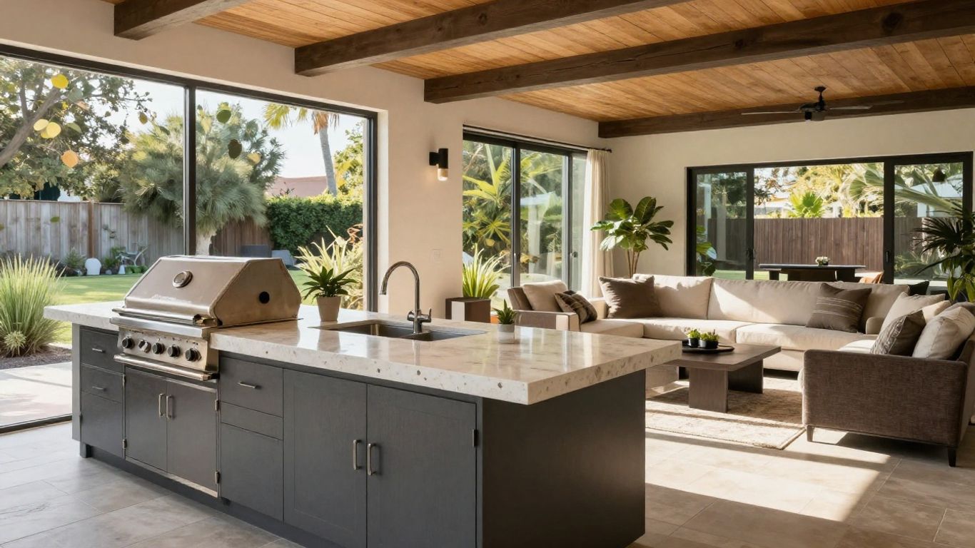 Modern indoor-outdoor kitchen transition with grill and seating.