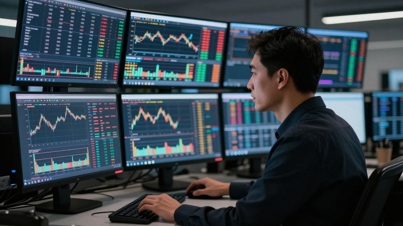 A professional forex trader analyzing charts on multiple monitors