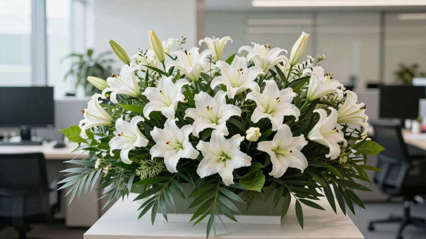 Professional floral arrangements displayed in an office