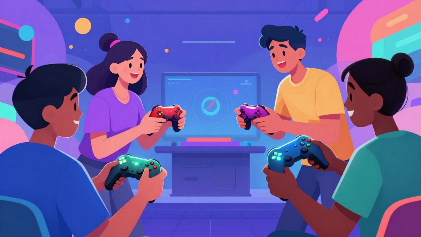 Diverse people playing online games with controllers.