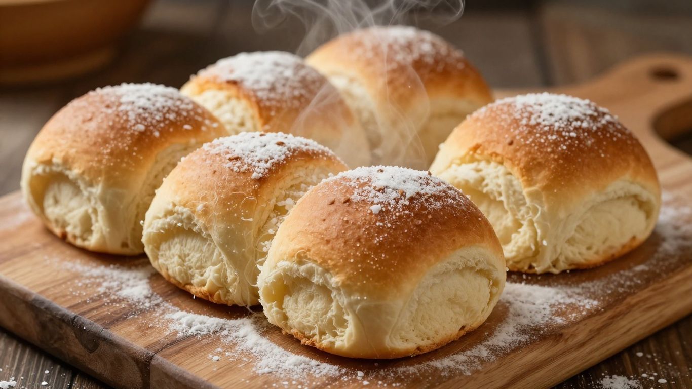 Golden brown dinner rolls on a wooden board.