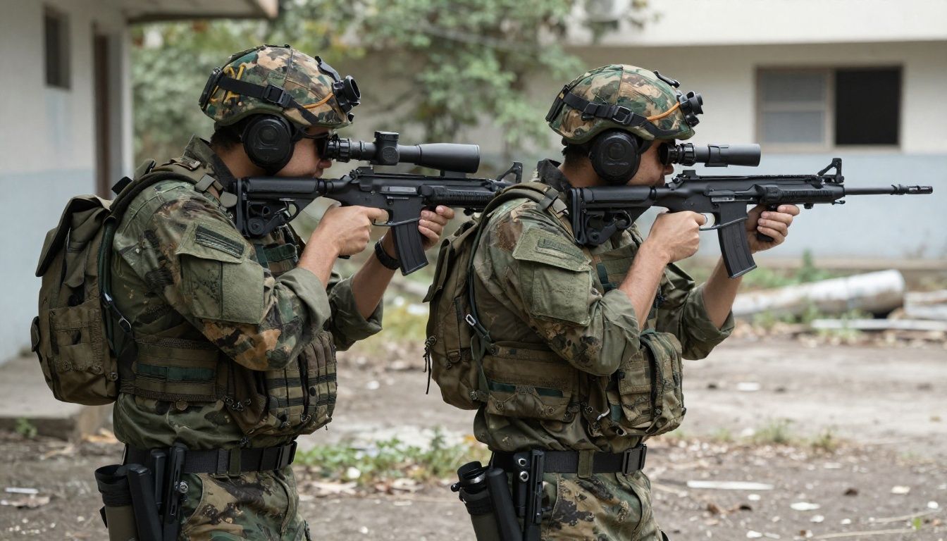 Um soldado tático ajustando sua mira em uma área urbana abandonada