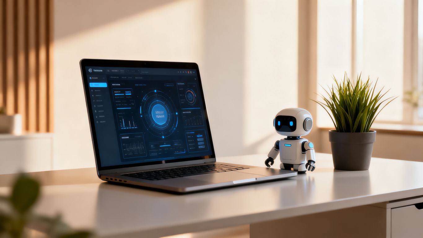 Robot advisor on a desk with a laptop.
