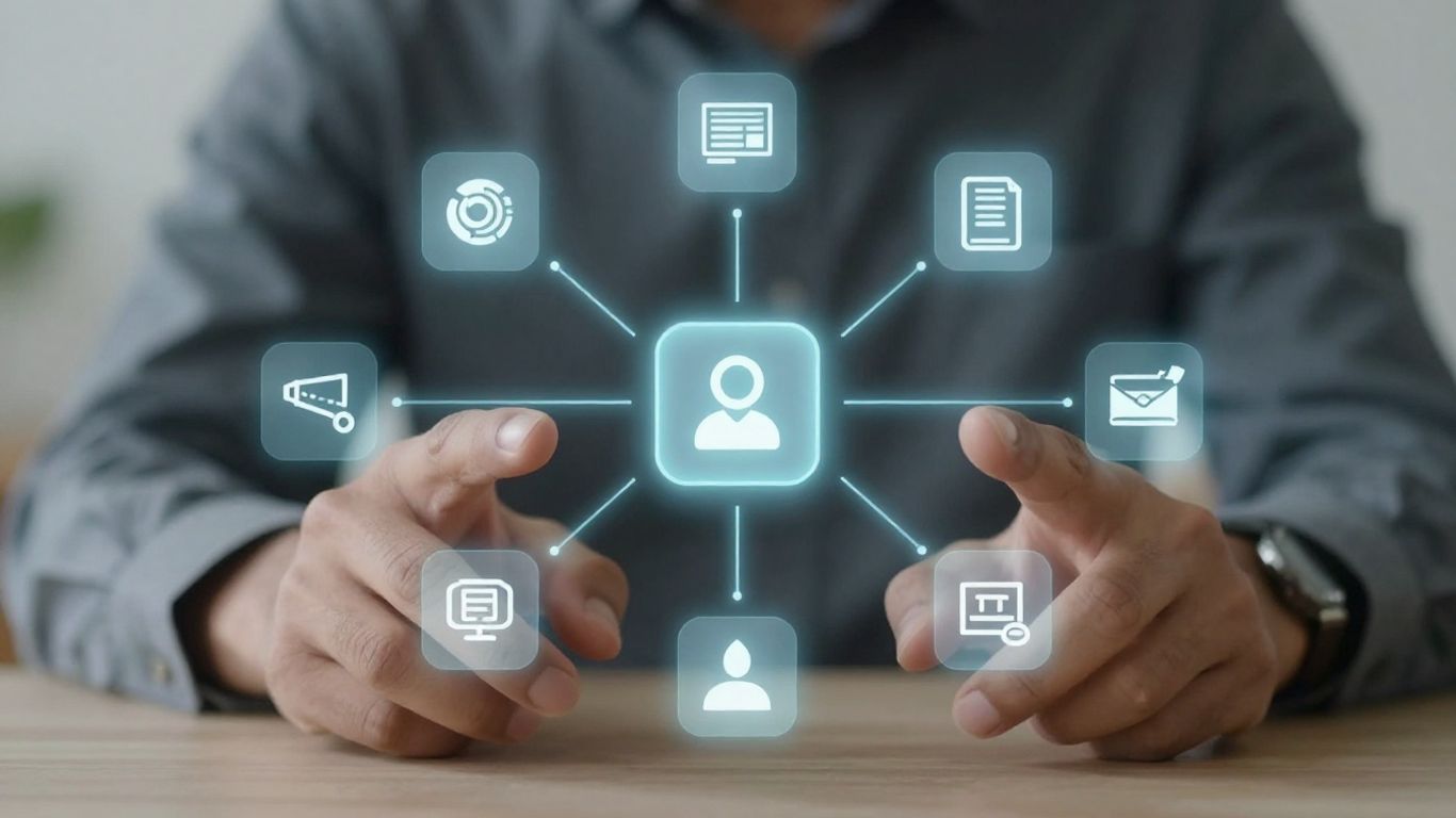 Manos organizando iconos digitales de aplicaciones en línea.