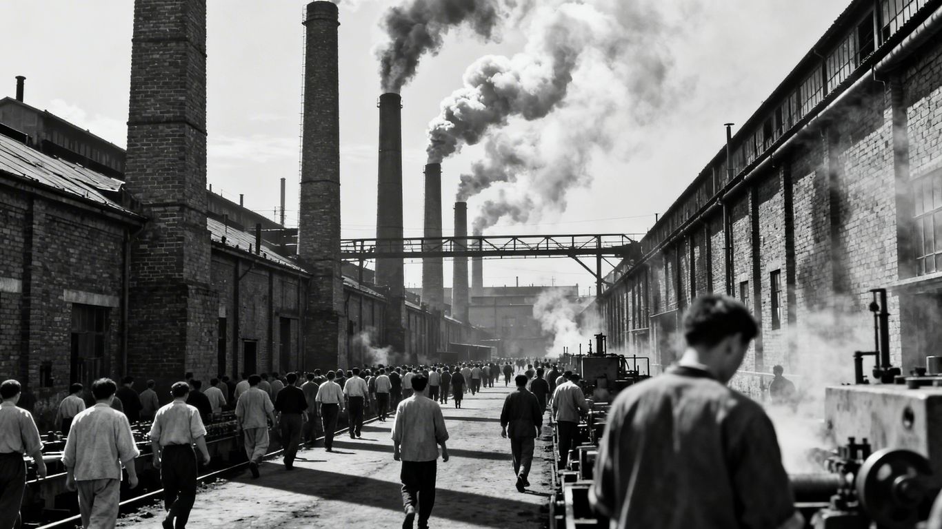 Victorian factory with smoke and workers.