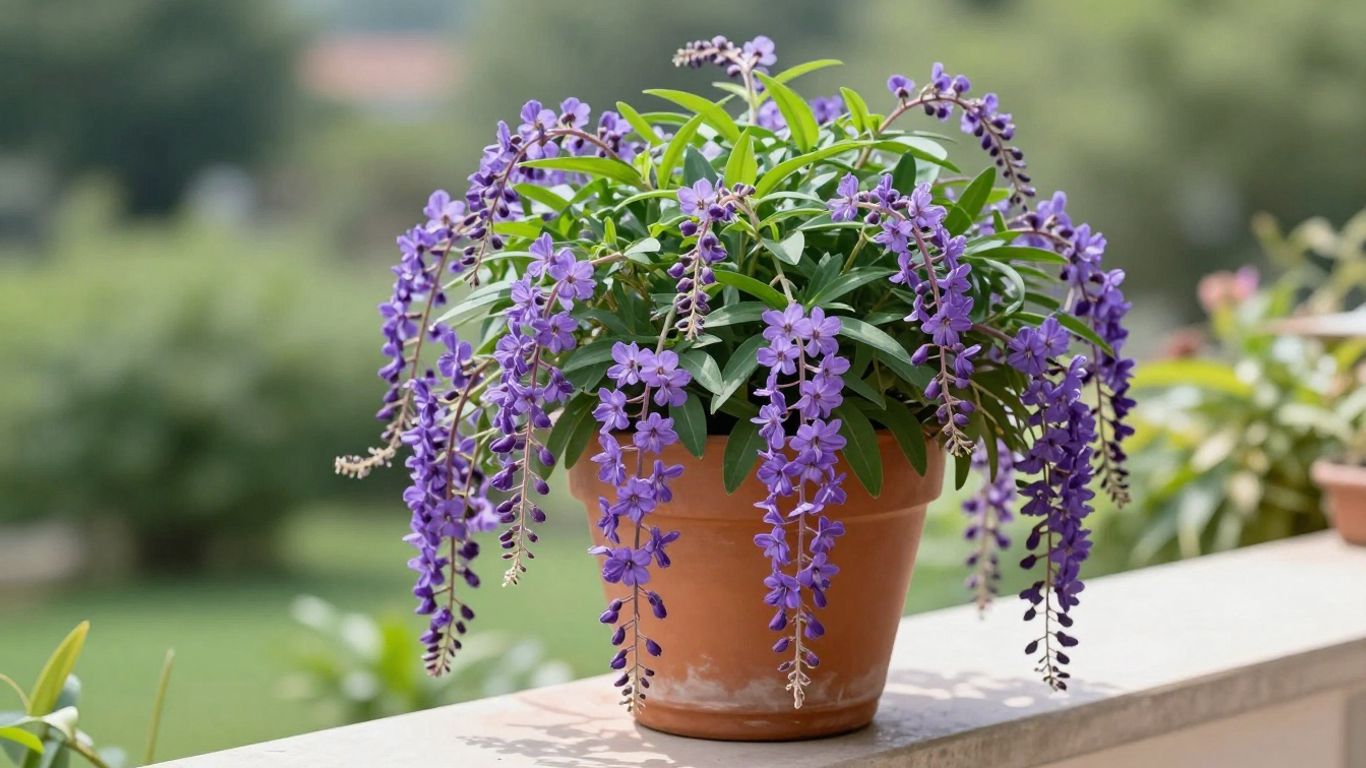 Planta de verbena colgante con flores moradas cayendo.