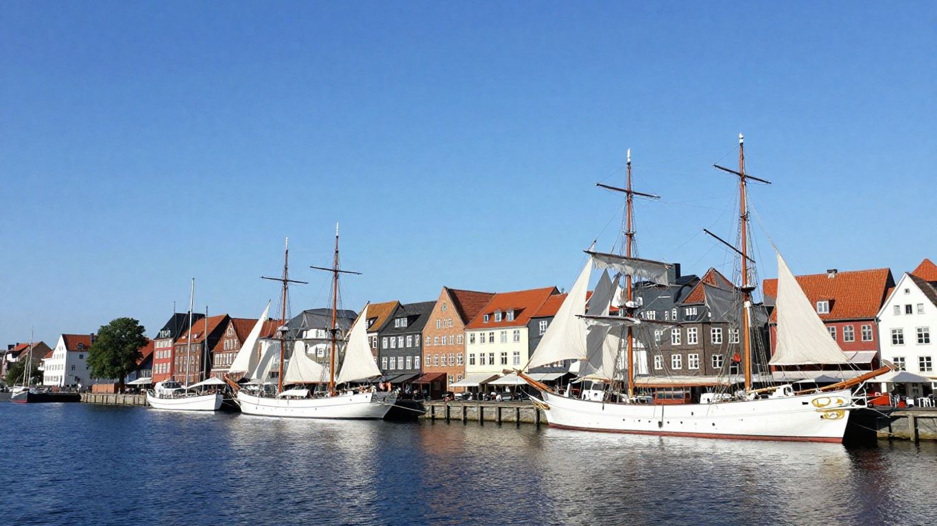 Flensburg Harbour with docked ships and historic buildings.