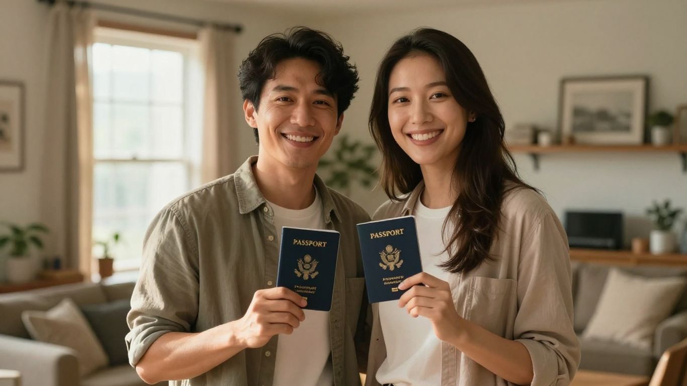Pareja feliz con pasaporte y tarjeta verde.