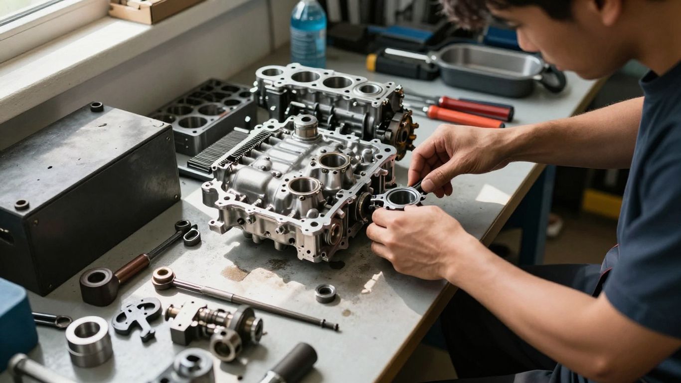 Skoda engine parts in a workshop