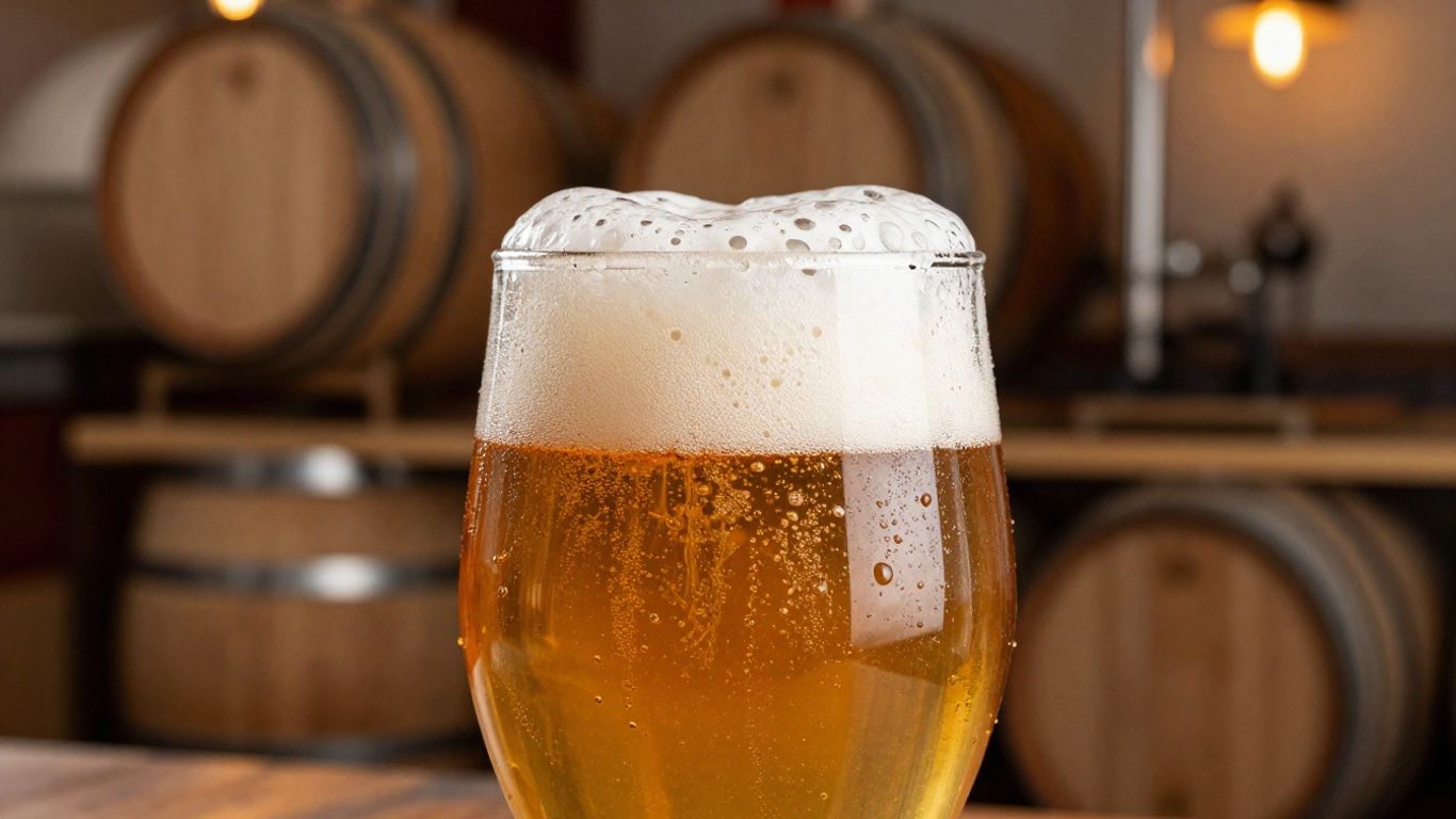 Craft beer in a glass with brewing equipment in background.
