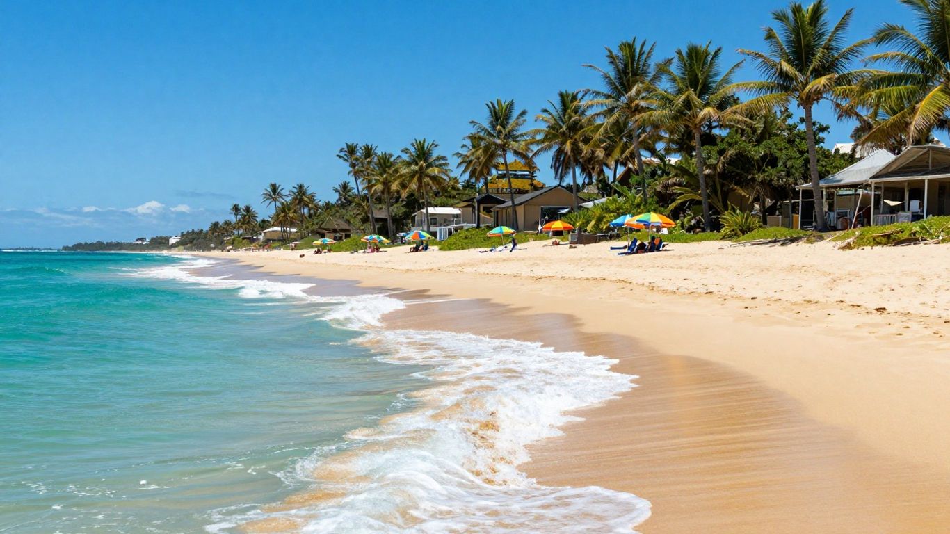Gold Coast beach with palm trees and ocean.
