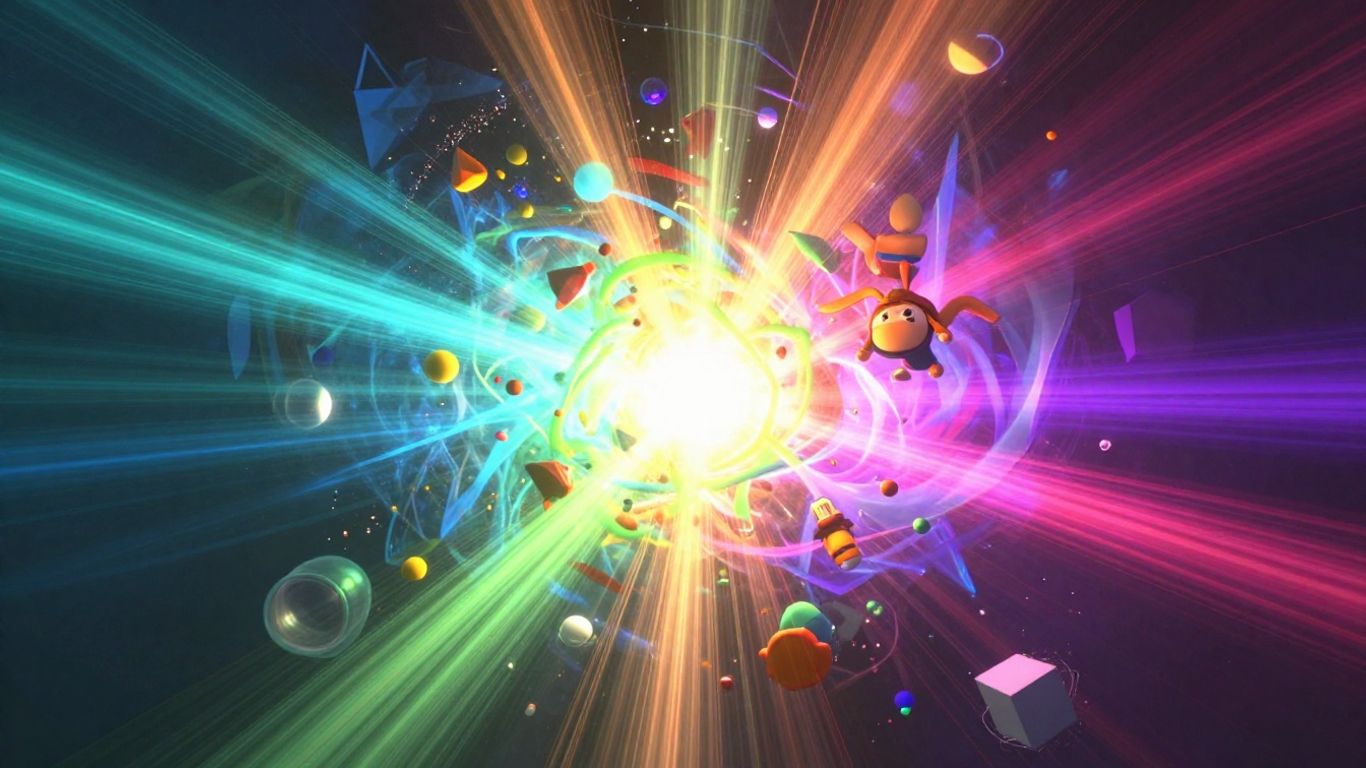 3D animation scene with vibrant colors and intricate models.