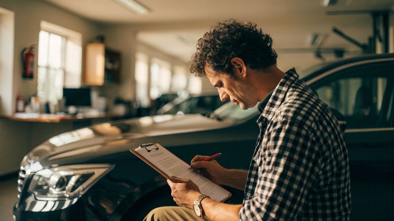 Mechanic reviewing a maintenance estimate beside a car