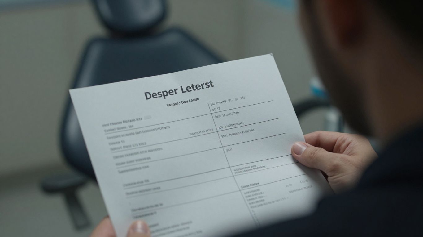 Besorgte Person schaut auf Zahnarztrechnung, Zahnarztstuhl im Hintergrund.