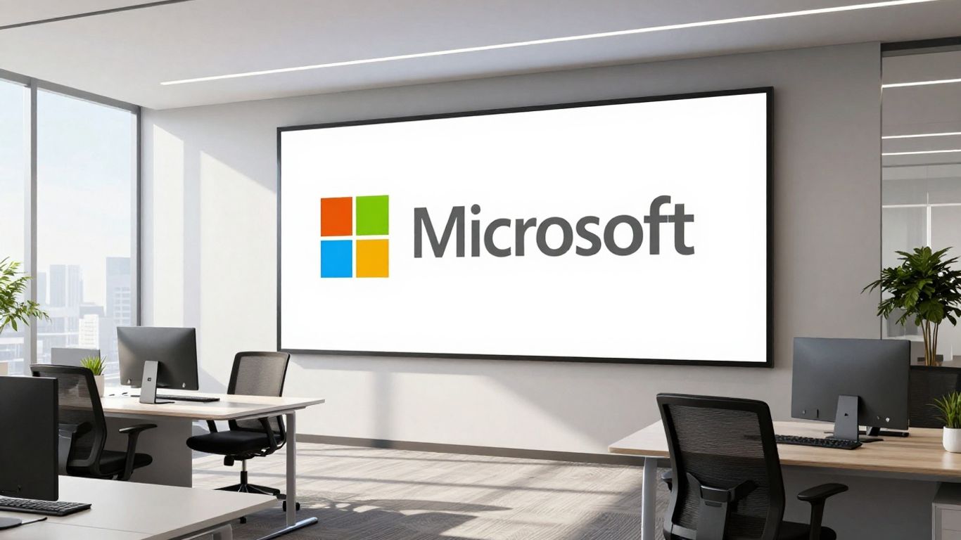 Microsoft 365 logo on a screen in a modern office.